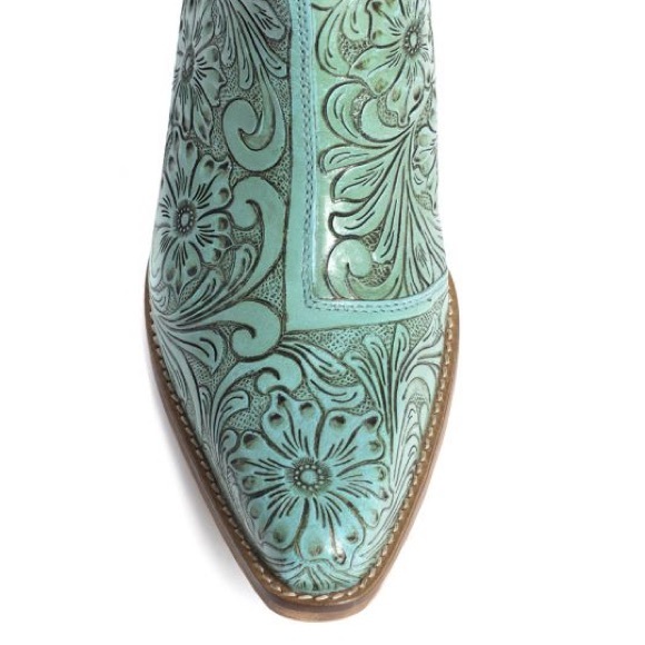 🔥Hand Tooled Genuine Leather Women Bootie Boot Boho Western Shoe Teal Turquoise - Picture 8 of 11